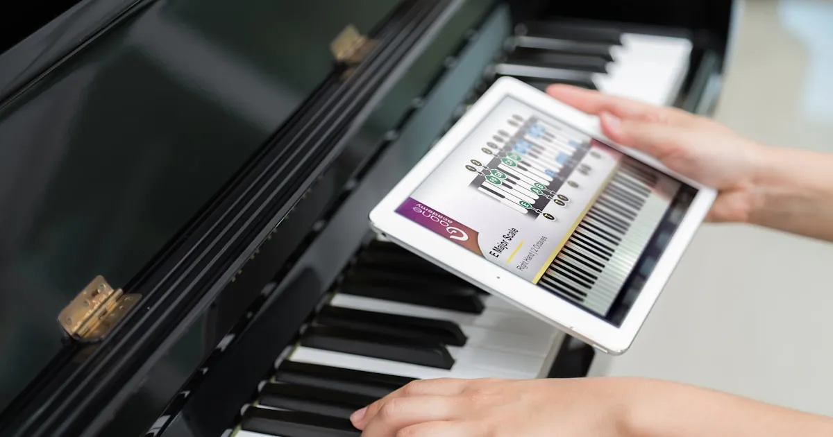 A pianist practising at a keyboard while consulting a tablet