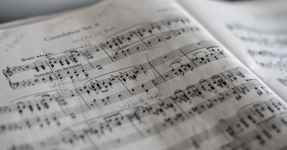 A close-up of musical notation on a sheet of paper