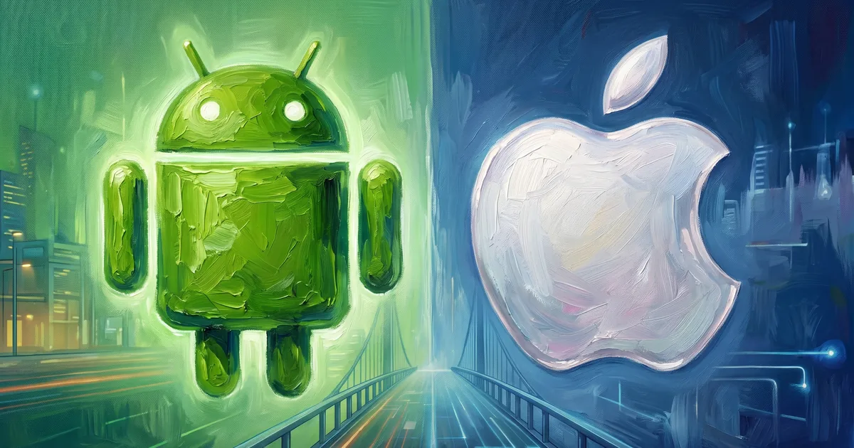 An oil-painting-style split image: the green Android robot on the left and the white Apple logo on the right, joined by a bridge running into the distance.