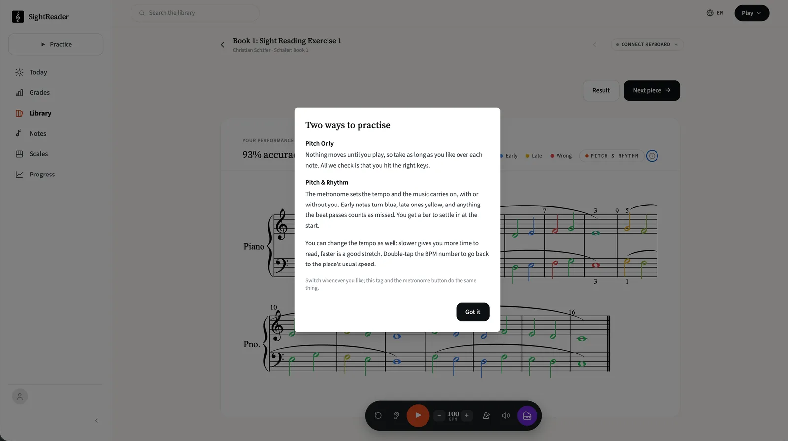The “Two ways to practise” explainer in SightReader, describing Pitch Only and Pitch & Rhythm modes