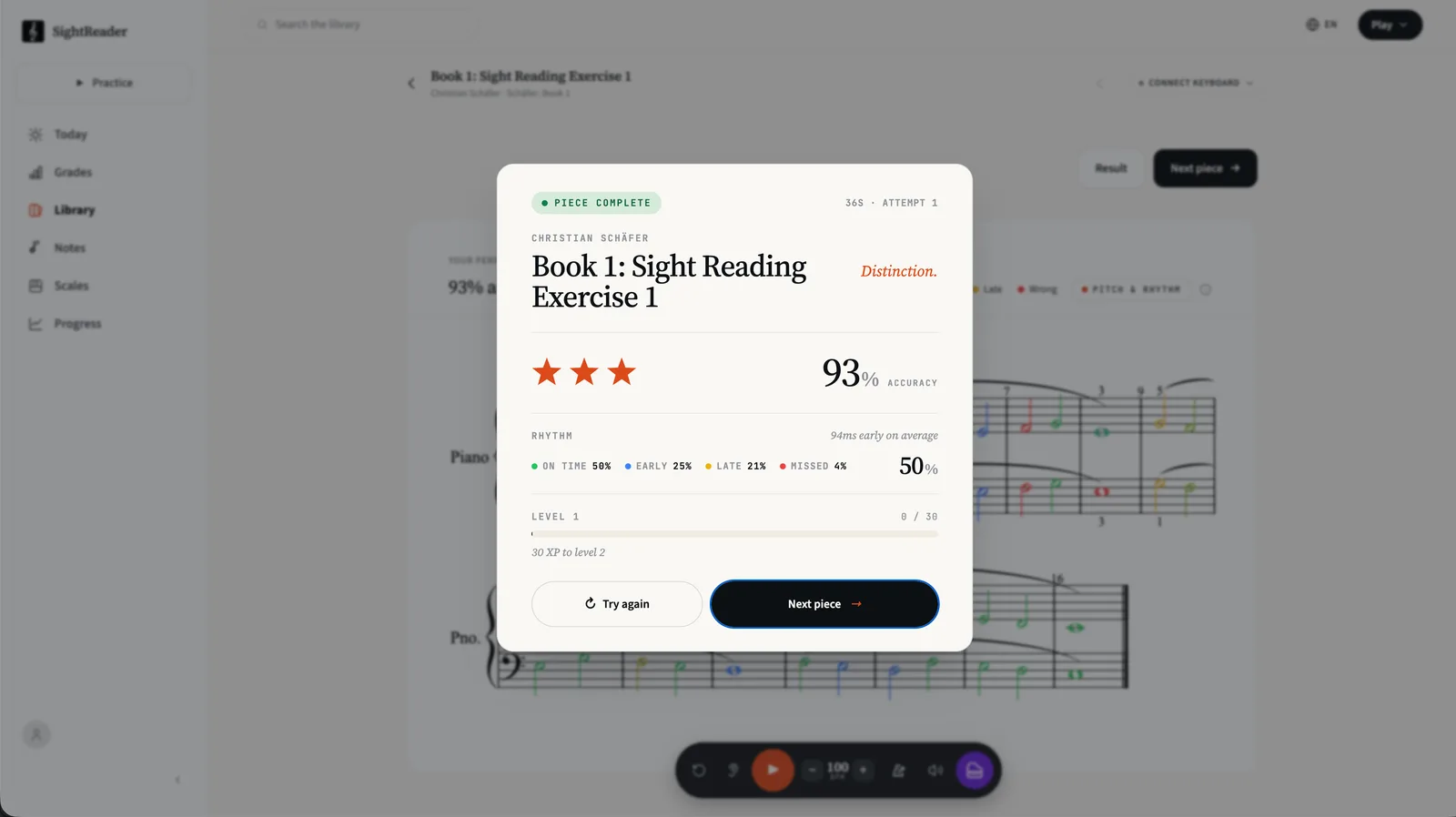 The SightReader results card showing 93% accuracy, three stars, and a rhythm breakdown: 50% on time, 25% early, 21% late, 4% missed