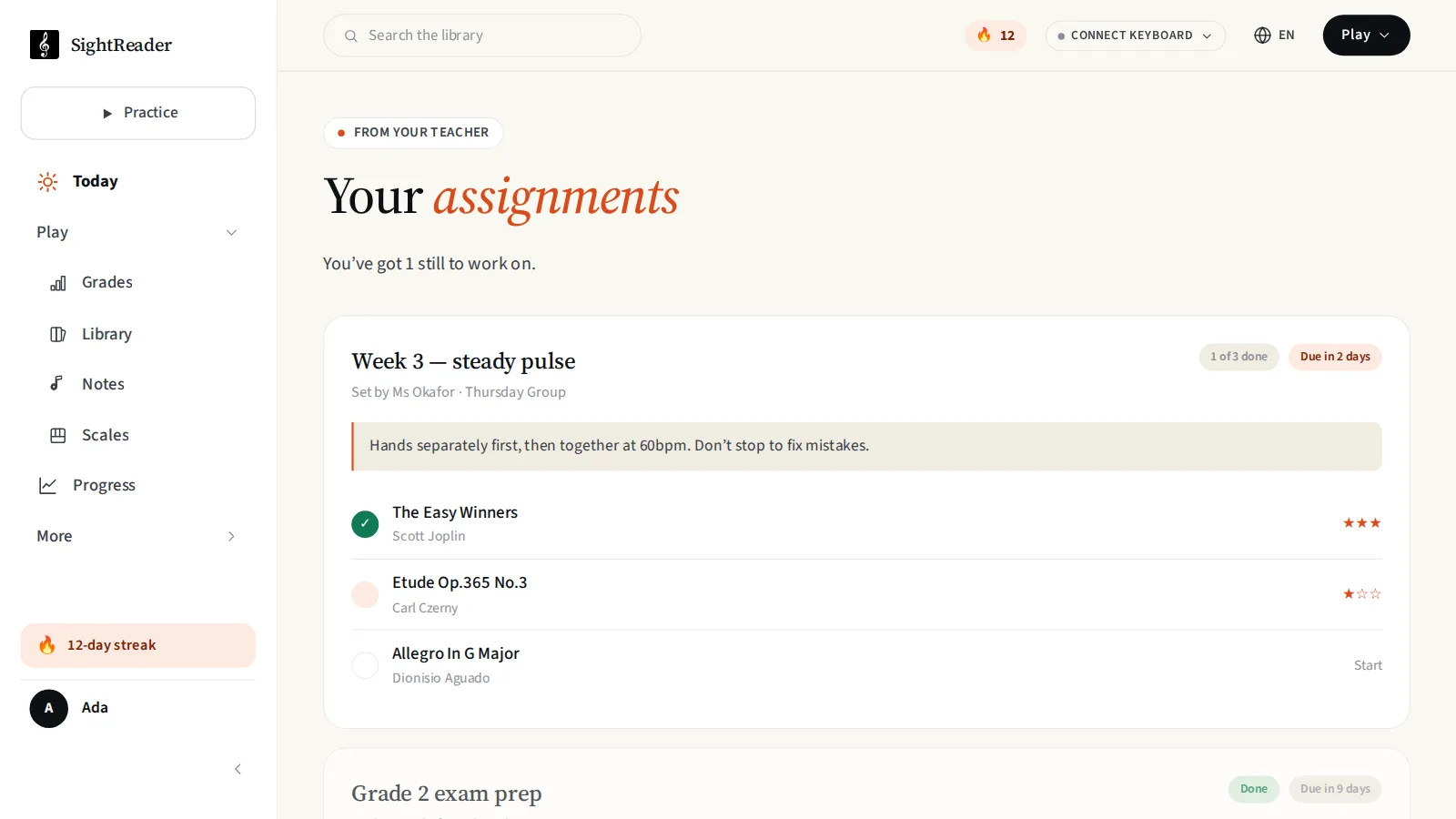 A pupil’s assignments page in SightReader, showing the assignment title, who set it, the due date, the teacher’s note and a checklist of pieces
