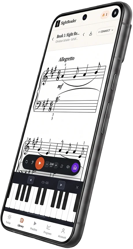 SightReader on an Android phone, showing a piece open in the player with the on-screen keyboard