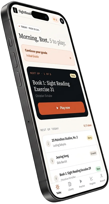 SightReader on an iPhone, showing the daily practice list on the Today screen