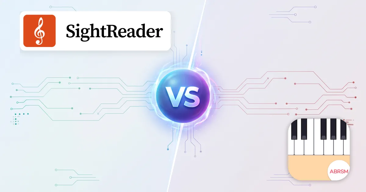 SightReader and the ABRSM Piano Sight-Reading Trainer either side of a “VS” emblem