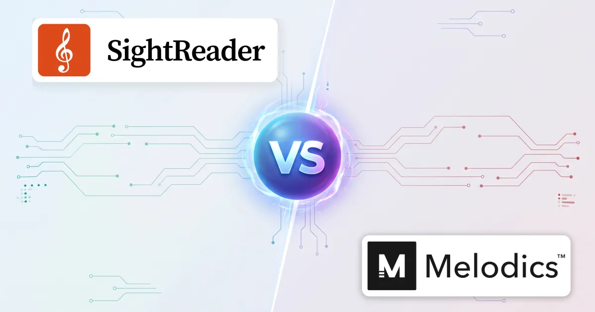 SightReader and Melodics either side of a “VS” emblem
