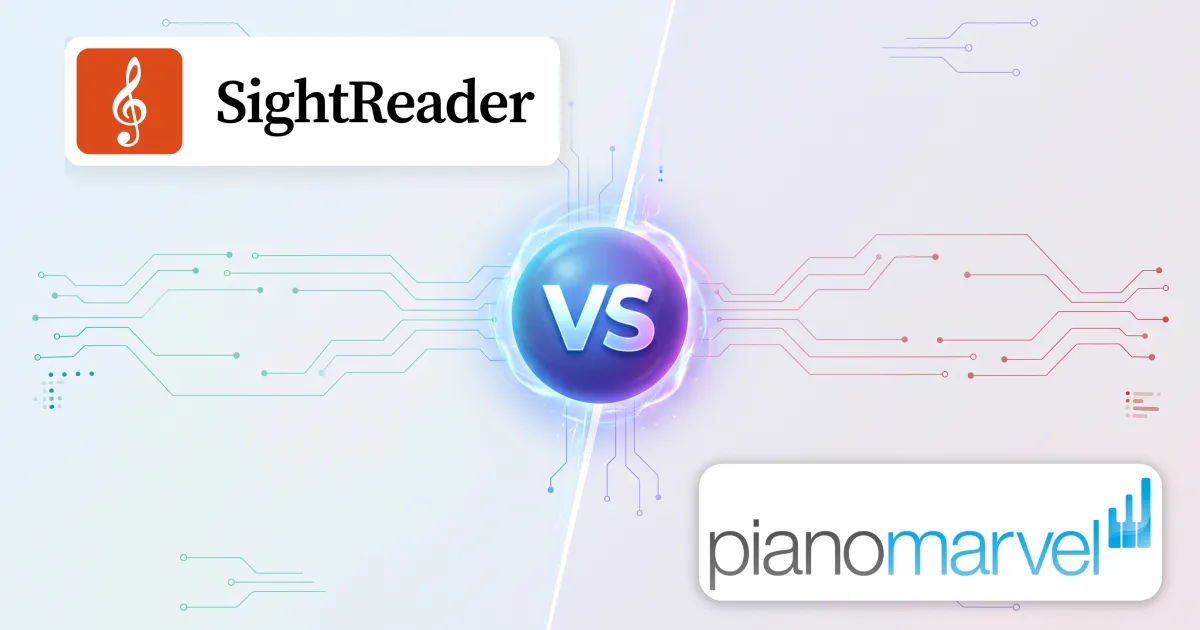 SightReader and Piano Marvel either side of a “VS” emblem