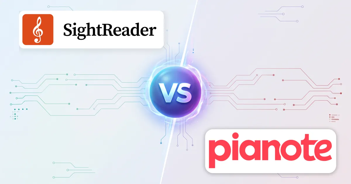 SightReader and Pianote either side of a “VS” emblem